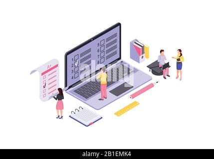 Online exam isometric color vector illustration Stock Vector