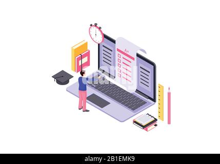 Online test isometric color vector illustration Stock Vector