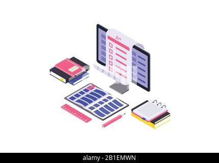 Online examination isometric color vector illustration Stock Vector