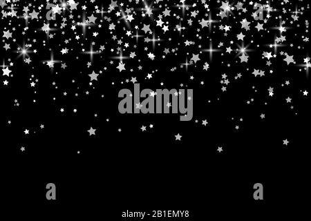 Falling stars on dark background. Silver Stars Confetti. Christmas, New Year celebration holiday background. Stock Vector
