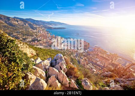 Principality of Monaco aerial panoramic sunrise view, skyscrapers of Cote D Azur Stock Photo