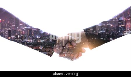 Abstract business handshake background with meeting room. Concept of ...