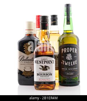 Berlin - JAN 15, 2020: Various bottles of Scotch whisky from the supermarket on store shelf in Berlin.  Various bottles of Scotch whisky Stock Photo