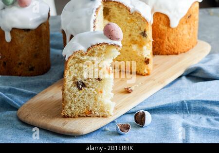 Easter traditional orthodox sweet bread, kulich. Easter holidays breakfast. eggs Stock Photo