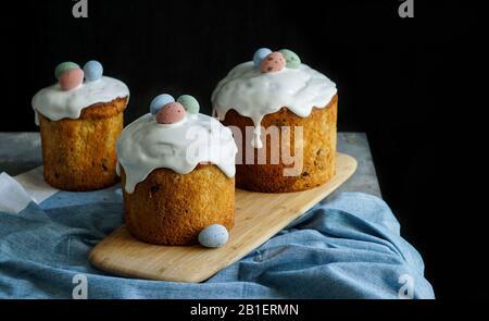 Easter traditional orthodox sweet bread, kulich. Easter holidays breakfast. eggs Stock Photo