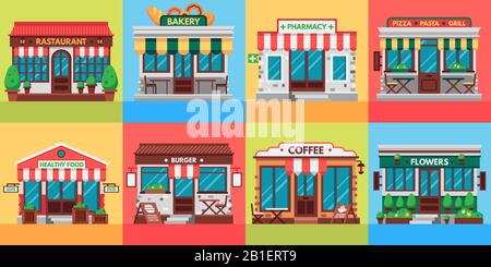 Restaurants and shops facades. Old shop building, market store and restaurant buildings exterior flat vector illustration set Stock Vector