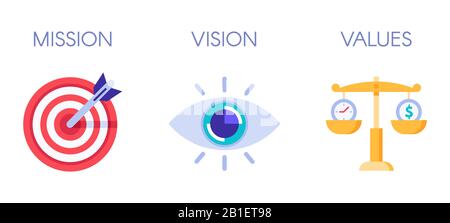 Mission, vision and values. Business strategy icons, company value and success rules flat vector illustration Stock Vector