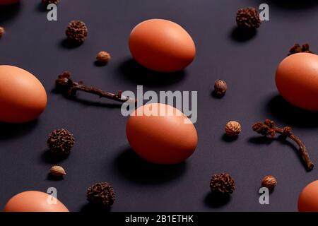 Pattern made of natural brown eggs, dry tree cones and seeds on dark background. Minimal food and Easter concept. Stock Photo