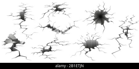 Earthquake crack. Ruined wall, hole in ground and destruction cracks isolated vector illustration set Stock Vector