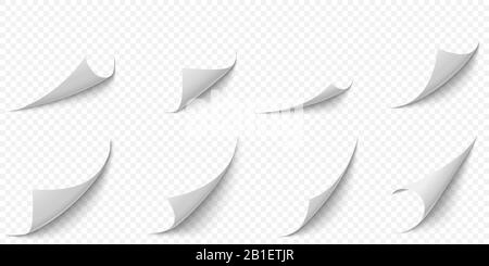 Curled paper corners. Curve page corner, pages edge curl and bent papers sheet with realistic shadow vector illustration set Stock Vector