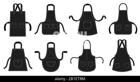 Black kitchens aprons. Waiter apron, restaurant chef uniform with seam patch pocket and kitchen uniforms vector illustration set Stock Vector