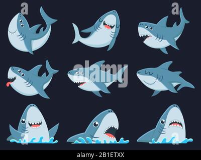 Ocean shark mascot. Scary sharks animals, smiling jaws and swimming shark cartoon vector illustration set Stock Vector