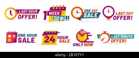 Sale countdown badges. Last minute offer banner, one day sales and 24 hour sale promo stickers vector set Stock Vector