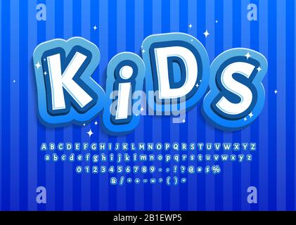 Cartoon kid alphabet blue for decoration design. . Lettering typography. Text font. Numbers, symbols. Vector Stock Vector