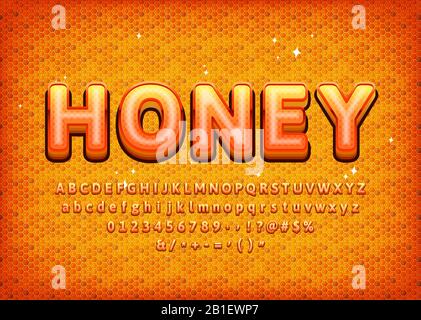 Sweet Honey alphabet with realistic pattern. Numbers, 3d letters, symbols. Vector illustration. Stock Vector