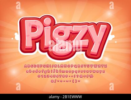 Funny game logo or menu. 3d Pig font, comic style title, text effect, vector pink alphabet. Numbers, symbols Stock Vector