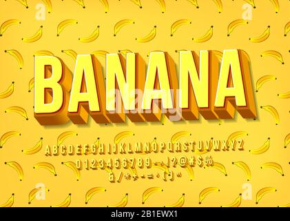 Yellow banana Alphabet. Vector 3D layered typeface. English letters, numbers, symbols Stock Vector