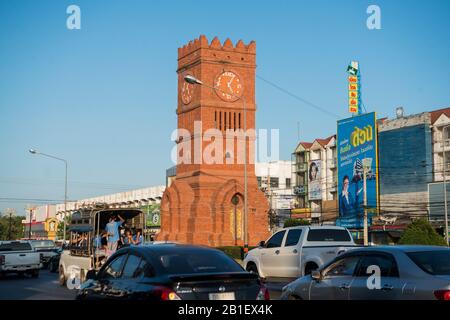 the clock tower in the town of Kamphaeng Phet in the Kamphaeng Phet Province in North Thailand.   Thailand, Kamphaeng Phet, November, 2019 Stock Photo