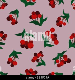 Red berries and green leaves on red background. Vector seamless pattern.  Botanical illustration Stock Vector