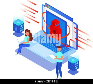 Isometric vector illustration of laptop with a broken lock, small people try to honor a computer. Cyber attack with hacking personal data, launching a cyber virus Stock Vector