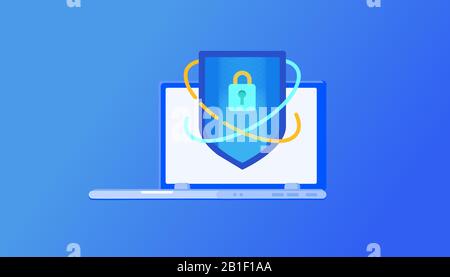 Cybersecurity and information technology security services concept. Smart computer with software protection against virus, cyberattack, hacking of personal information.Vector illustration Stock Vector