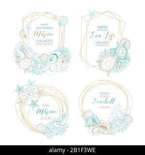 Seashell and marine algae cosmetics package labels, vector modern premium golden frames design. Ocean seashell and sea minerals body care product, corals and starfish in gold foil circle wreath Stock Vector