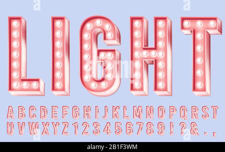 Pink lighting font. Alphabet letters with bulbs, retro numbers and bright bulb lights in letter 3d vector illustration Stock Vector