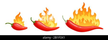 Cartoon hot peppers. Spicy pepper with fire flames and flames red chili vector icons set Stock Vector