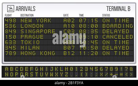 Airport scoreboard. Digital LED board font, arrivals and departures signs realistic vector illustration Stock Vector
