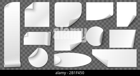 Curled corners paper stickers. Adhesive sticker, blank tag labels and label with realistic shadow vector set Stock Vector