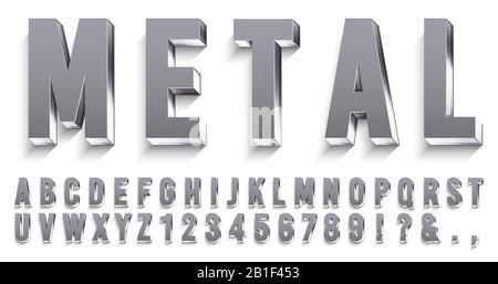 Realistic metal font. Shiny metallic letters with shadows, chrome text and metals alphabet 3D vector set Stock Vector
