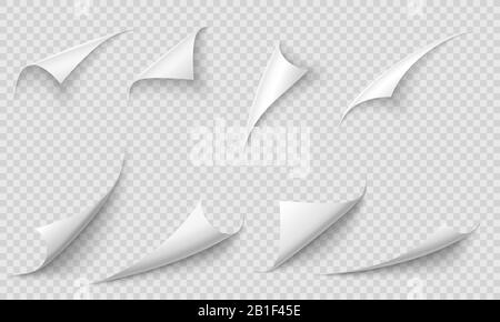 Curled page corner. Paper edges, curve pages corners and papers curls with realistic shadow vector illustration set Stock Vector
