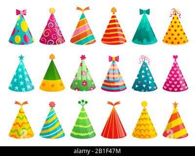 Cartoon birthday party caps. Funny celebration cap, holiday cone and colorful paper hat vector illustration set Stock Vector