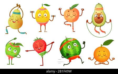 Fruit characters yoga. Fruits in fitness exercises poses, wellness food and funny sport fruit cartoon vector illustration set Stock Vector