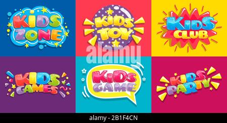 Kids club posters. Toys fun playing zone, children games party and play area poster vector illustration set Stock Vector