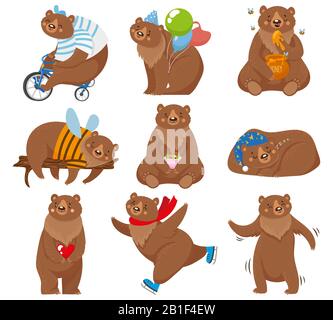 Cartoon bears. Happy bear, grizzly eats honey and brown bear character in funny poses isolated vector illustration Stock Vector