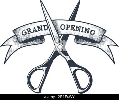 Grand opening banner - scissors cutting a ribbon, launching a project, vintage badge Stock Vector