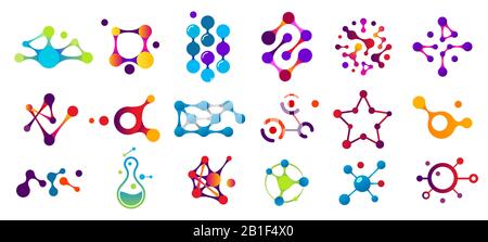 Connected molecules. Molecule connection model, chemistry particle and color molecular structure isolated flat vector set Stock Vector