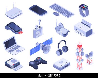 Isometric wireless devices. Computer connect gadgets, wireless connection remote controller and router device 3d vector set Stock Vector