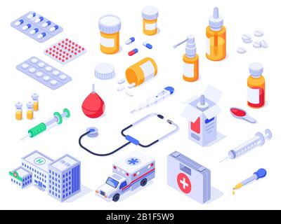 Isometric first aid kit. Health care medical pills, pharmacy medicines and drug bottles. Hospital ambulance 3d isolated vector set Stock Vector