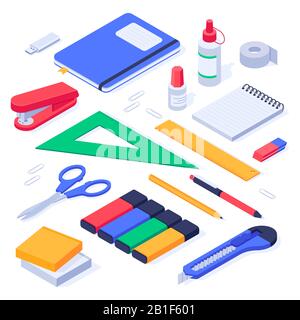 Isometric office supplies. School stationery tools, pencil eraser and pens 3d vector set Stock Vector
