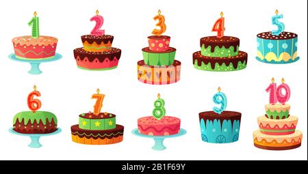 Cartoon birthday cake numbers candle. Anniversary candles, celebration party cakes vector illustration set Stock Vector