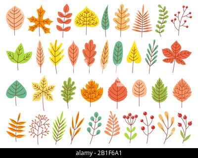 Autumn leaves. Yellow autumnal garden leaf, red fall leaf and fallen dry leaves flat vector set Stock Vector