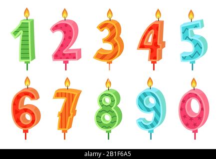 Cartoon anniversary numbers candle. Celebration cake candles burning lights, birthday number and party candle vector set Stock Vector