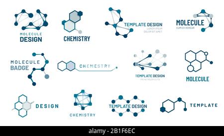 Hexagonal molecule badge. Molecular structure logo, molecular grids and chemistry hexagon molecules templates vector set Stock Vector