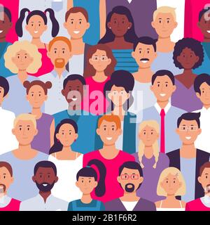 People crowd pattern. Young multiethnic men and women, people group seamless vector illustration Stock Vector