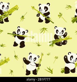 Kawaii panda bears. Cute pandas in various poses. Hand drawn colored vector  seamless pattern. Pink background Stock Vector