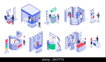 Isometric sale stands. Expo demonstration stand, product exhibition trade stalls and events people 3d vector set Stock Vector