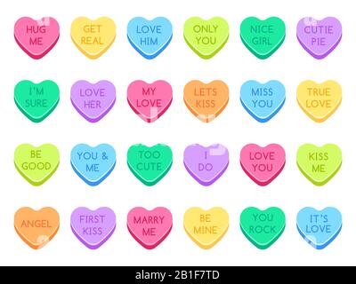 Sweetheart candy. Sweet heart candies, sweets valentines and conversation love hearts candies flat vector illustration set Stock Vector