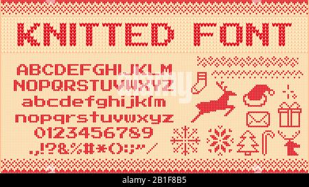 Winter sweater font. Knitted christmas sweaters letters, knit jumper xmas pattern and ugly sweater knits vector illustration set Stock Vector